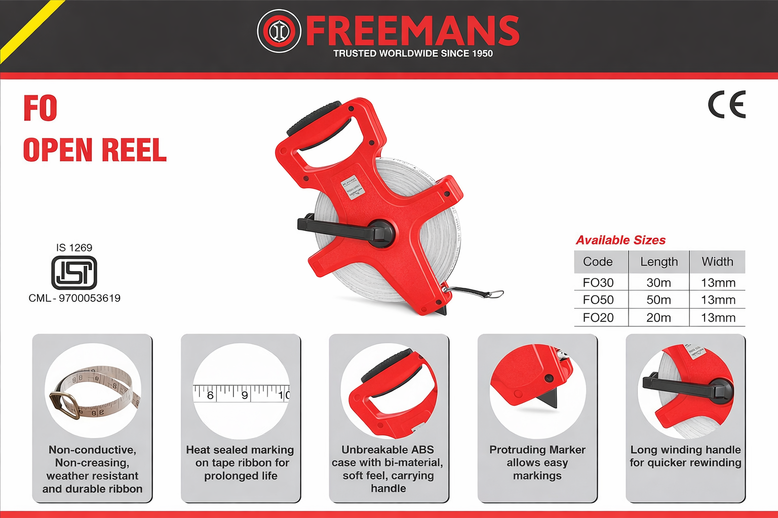Freemans 100m Open Reel Fibreglass Measuring Tape
