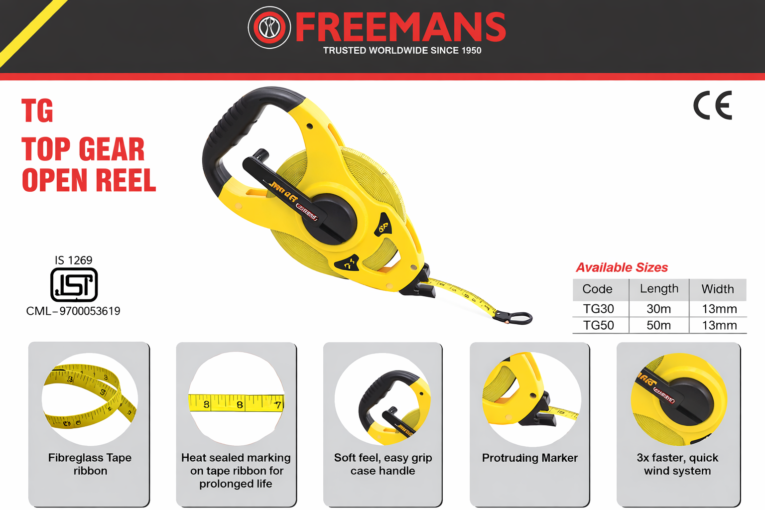 Freemans 50m TOP-GEAR Open Reel Measuring Tape