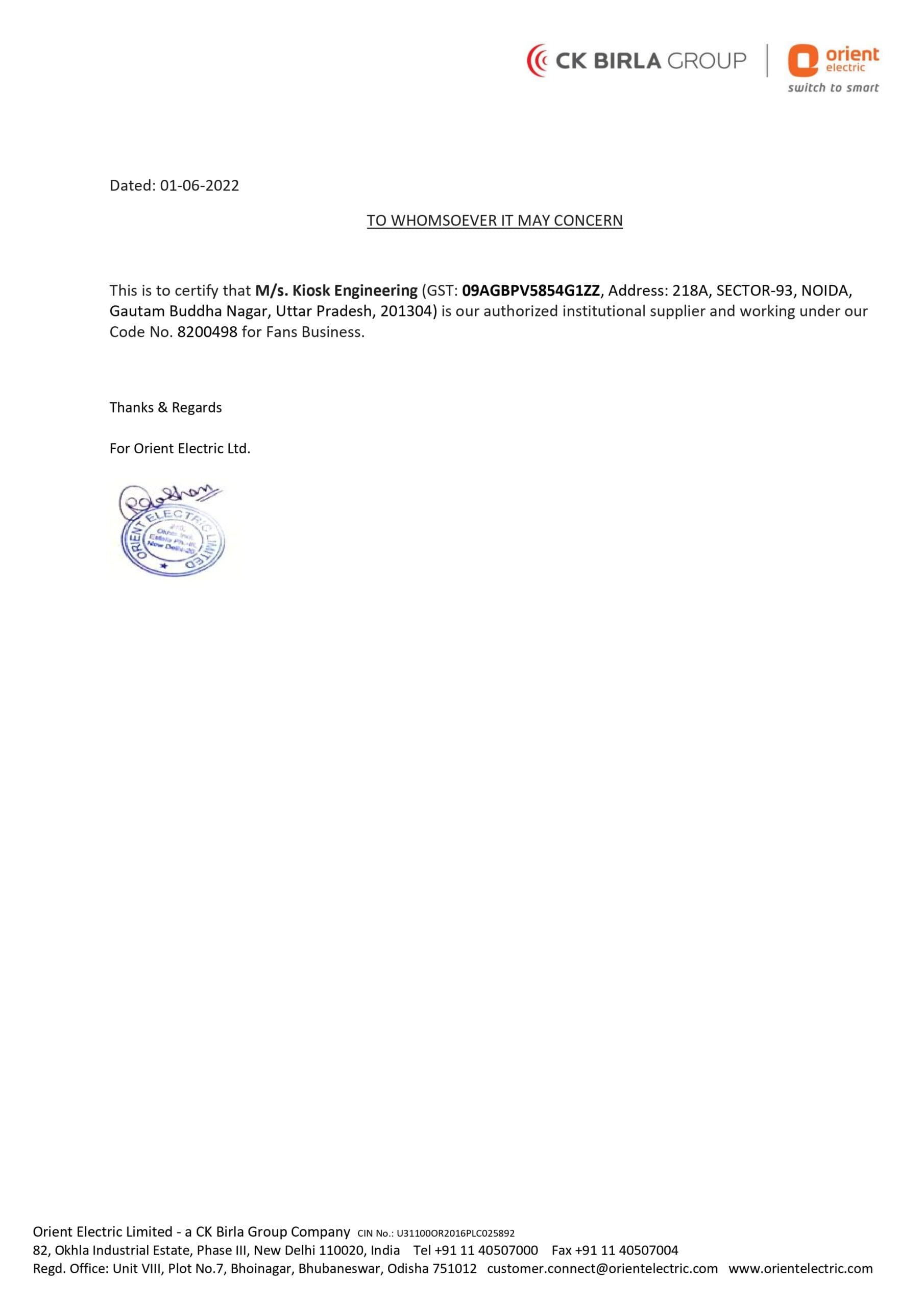 Orient Certificate